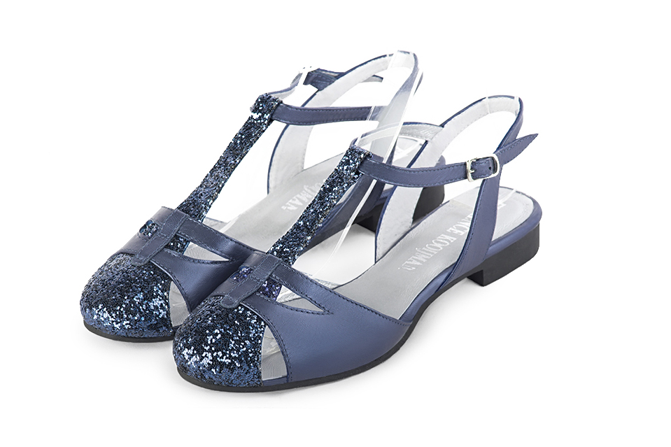 Women's prussian blue elegant T-strap closed-toe heels. Round toe. Thin leather soles - Front view